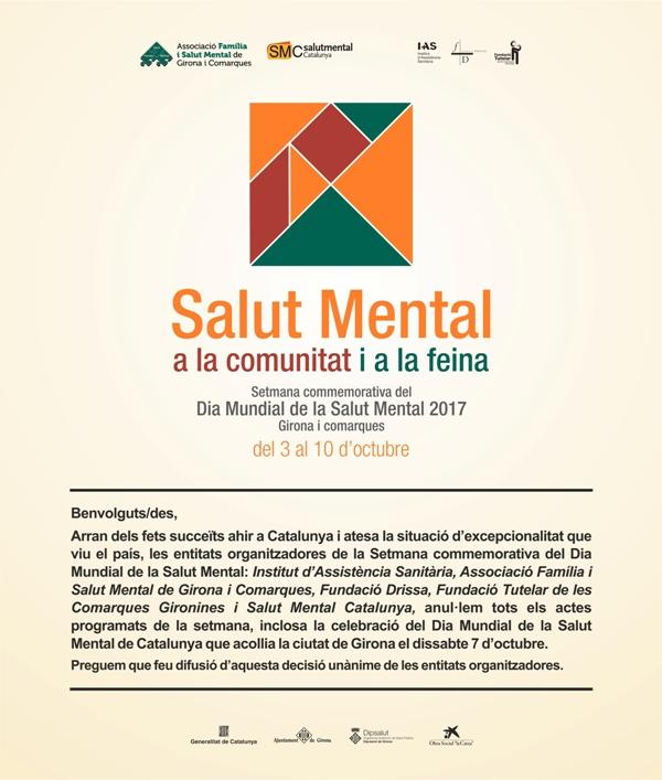 Anul·lació dels actes previstos de Setmana commemorativa del Dia Mundial de la Salut Mental, que celebràvem del 3 al 10 d'octubre
